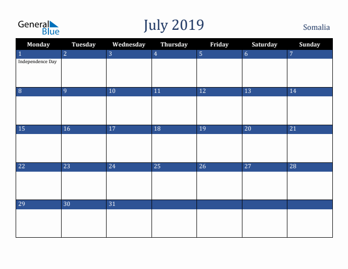 July 2019 Somalia Calendar (Monday Start)