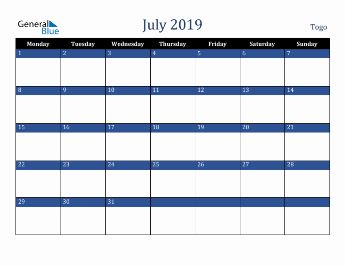 July 2019 Togo Calendar (Monday Start)