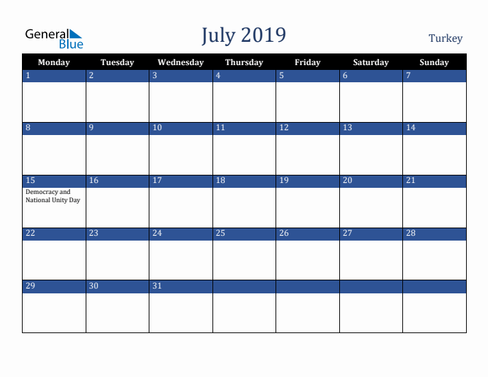 July 2019 Turkey Calendar (Monday Start)