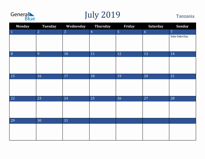 July 2019 Tanzania Calendar (Monday Start)