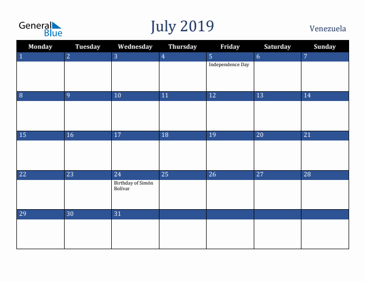 July 2019 Venezuela Calendar (Monday Start)