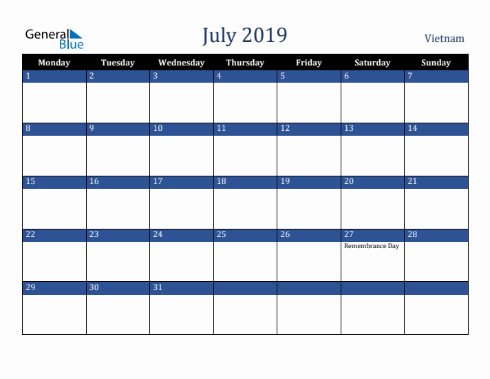 July 2019 Vietnam Calendar (Monday Start)