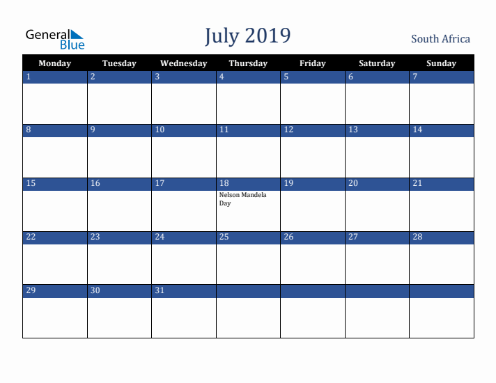 July 2019 South Africa Calendar (Monday Start)
