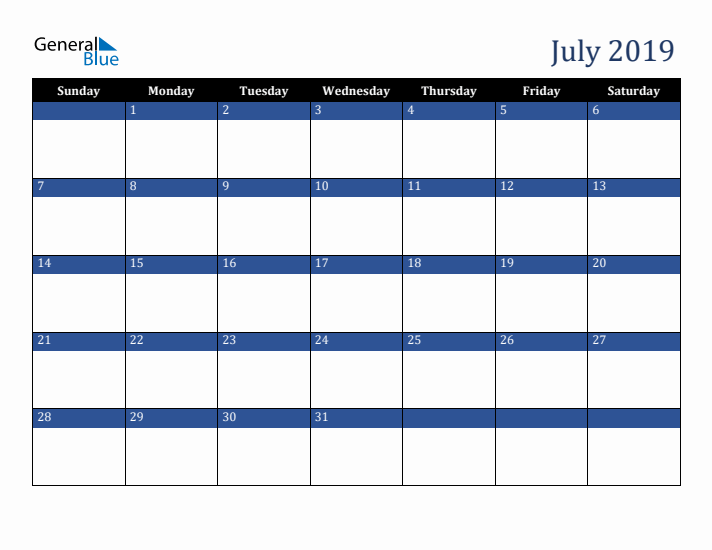 Sunday Start Calendar for July 2019