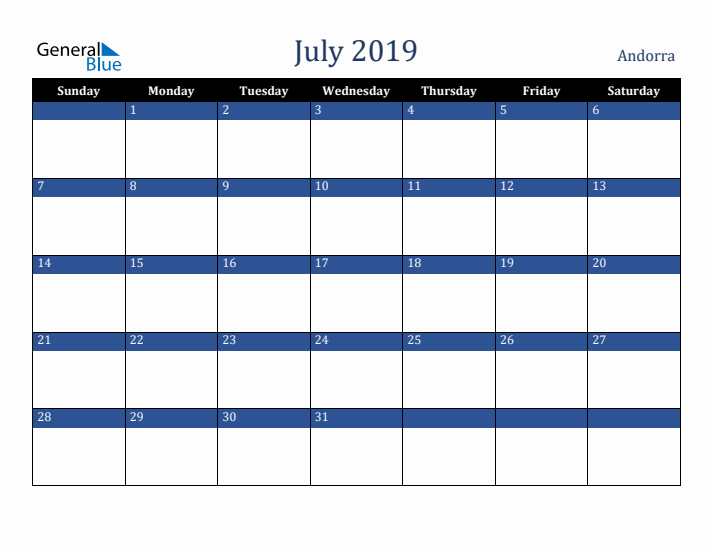 July 2019 Andorra Calendar (Sunday Start)