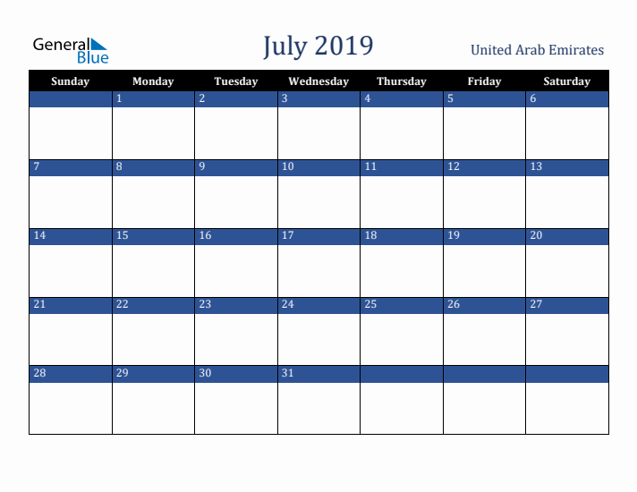 July 2019 United Arab Emirates Calendar (Sunday Start)