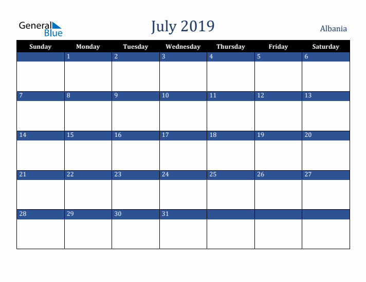 July 2019 Albania Calendar (Sunday Start)