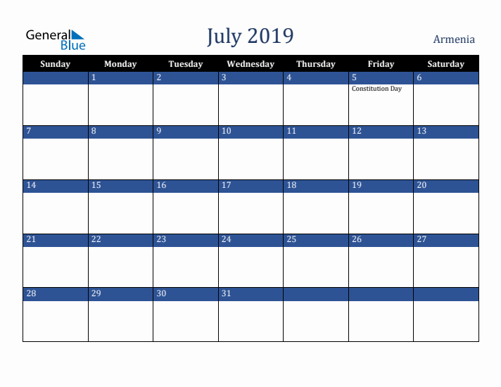 July 2019 Armenia Calendar (Sunday Start)