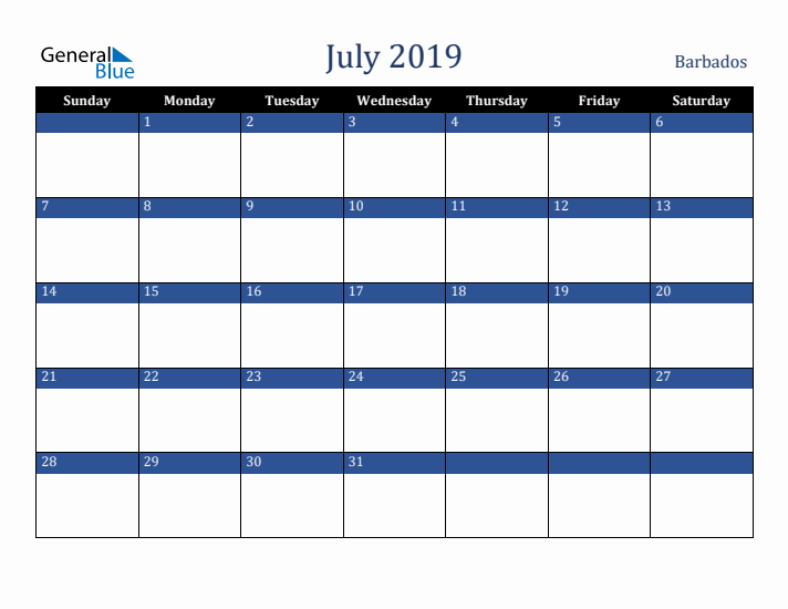July 2019 Barbados Calendar (Sunday Start)