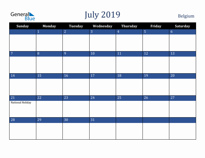 July 2019 Belgium Calendar (Sunday Start)