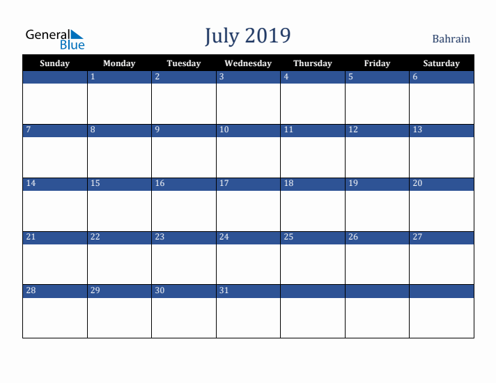 July 2019 Bahrain Calendar (Sunday Start)