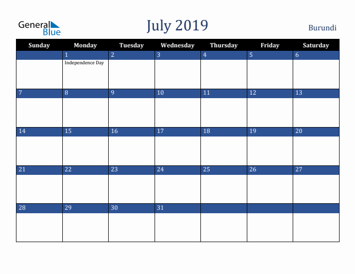 July 2019 Burundi Calendar (Sunday Start)