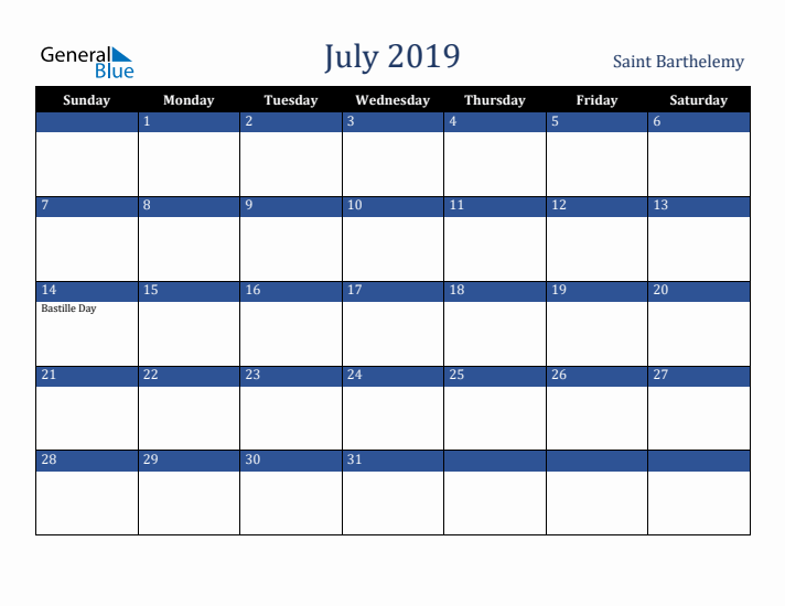 July 2019 Saint Barthelemy Calendar (Sunday Start)