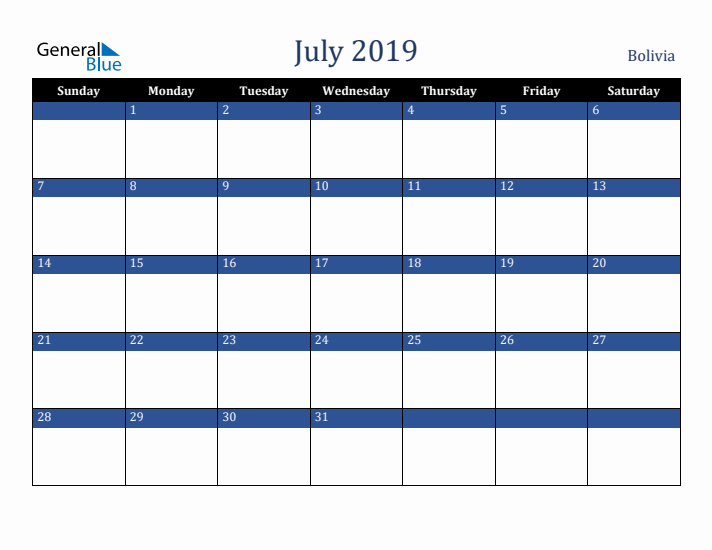 July 2019 Bolivia Calendar (Sunday Start)
