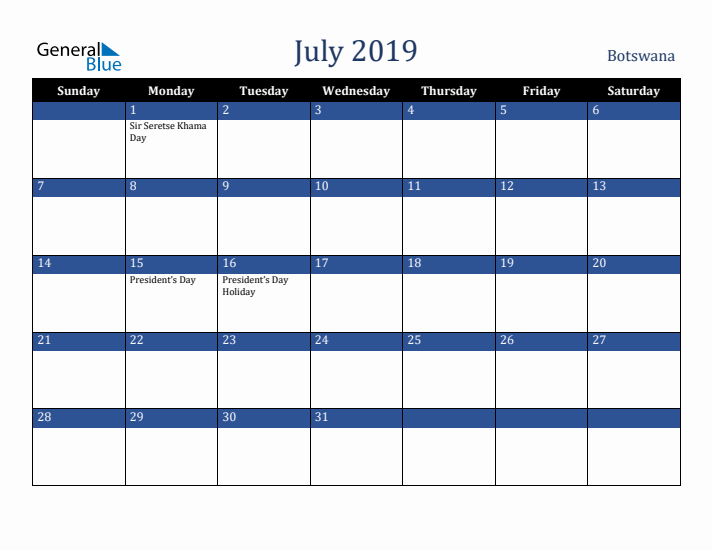 July 2019 Botswana Calendar (Sunday Start)