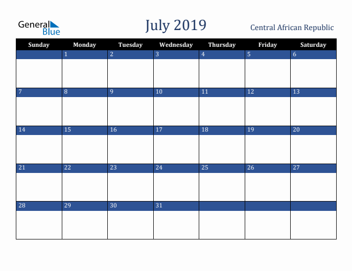 July 2019 Central African Republic Calendar (Sunday Start)