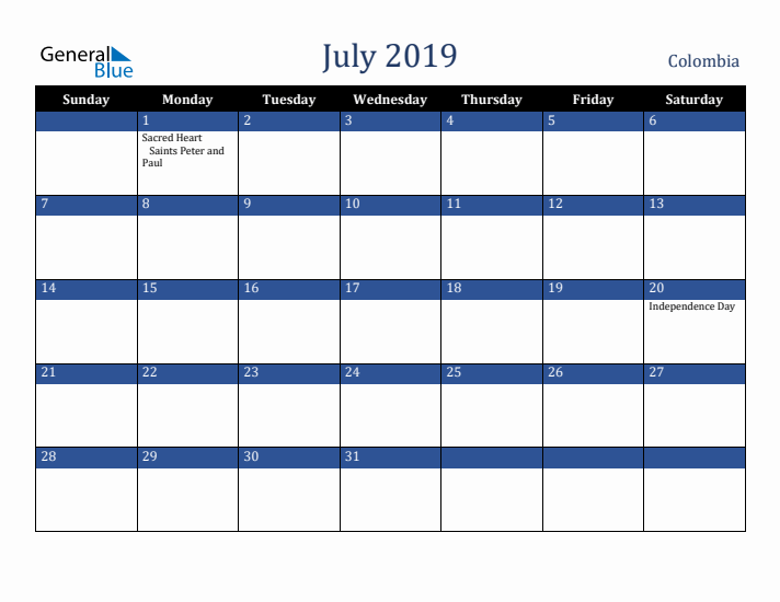 July 2019 Colombia Calendar (Sunday Start)
