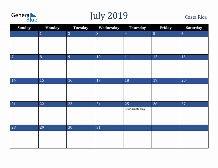 July 2019 Costa Rica Calendar (Sunday Start)