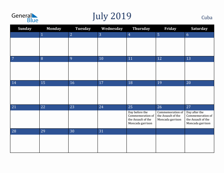 July 2019 Cuba Calendar (Sunday Start)