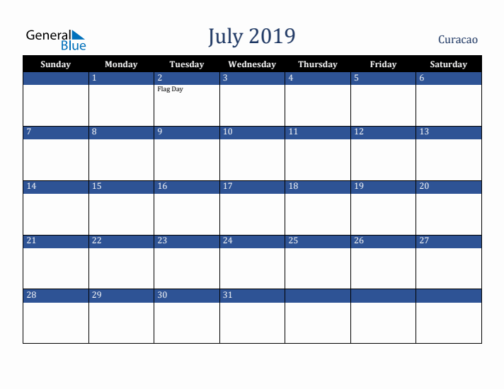 July 2019 Curacao Calendar (Sunday Start)