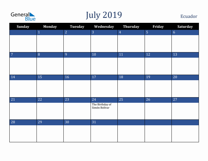 July 2019 Ecuador Calendar (Sunday Start)