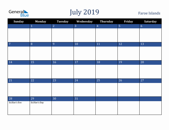 July 2019 Faroe Islands Calendar (Sunday Start)