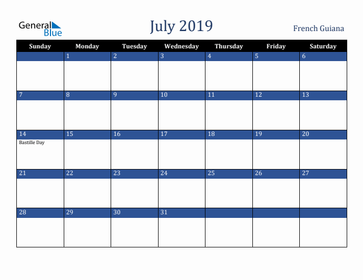 July 2019 French Guiana Calendar (Sunday Start)