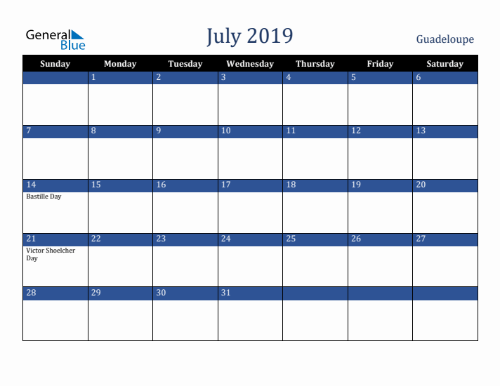 July 2019 Guadeloupe Calendar (Sunday Start)