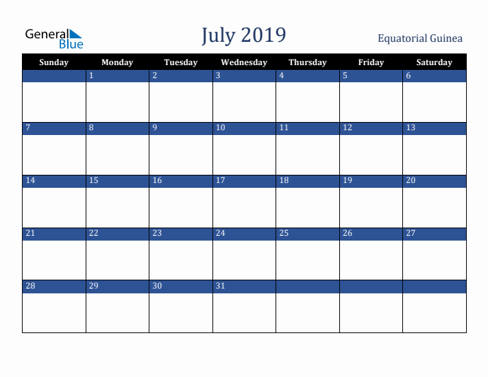 July 2019 Equatorial Guinea Calendar (Sunday Start)