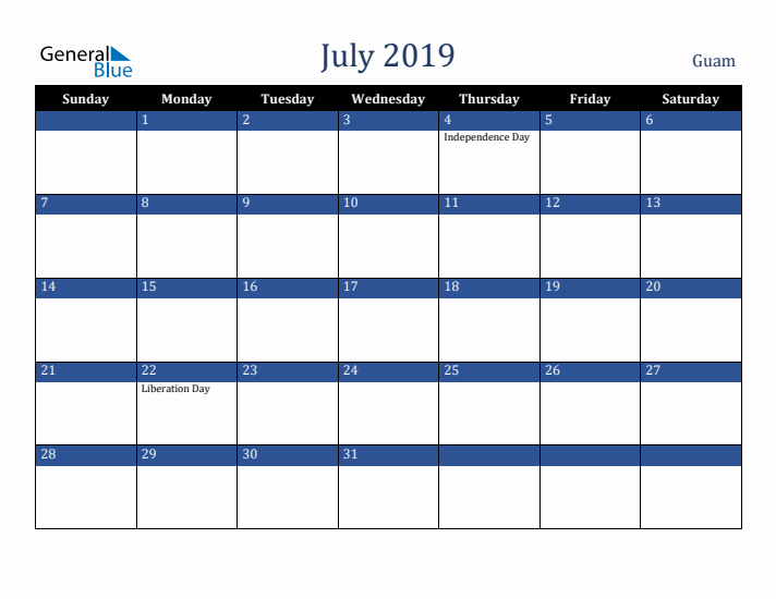 July 2019 Guam Calendar (Sunday Start)