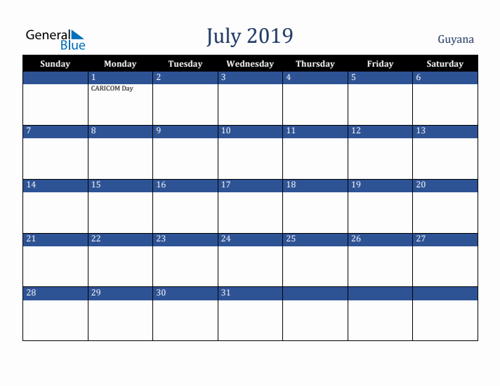 July 2019 Guyana Calendar (Sunday Start)