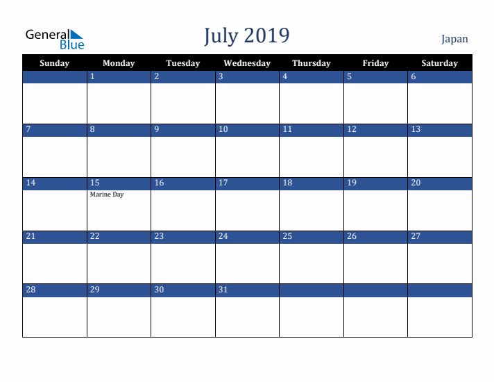 July 2019 Japan Calendar (Sunday Start)