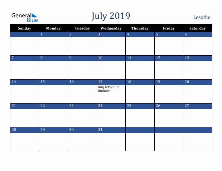 July 2019 Lesotho Calendar (Sunday Start)