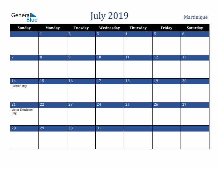 July 2019 Martinique Calendar (Sunday Start)