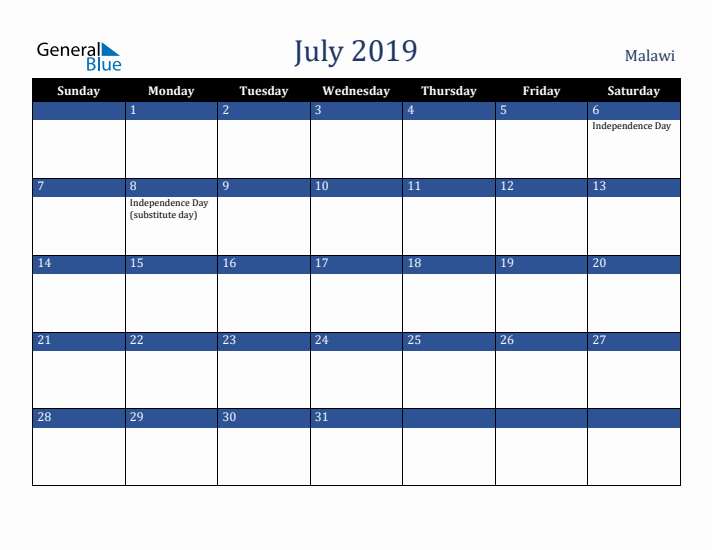July 2019 Malawi Calendar (Sunday Start)