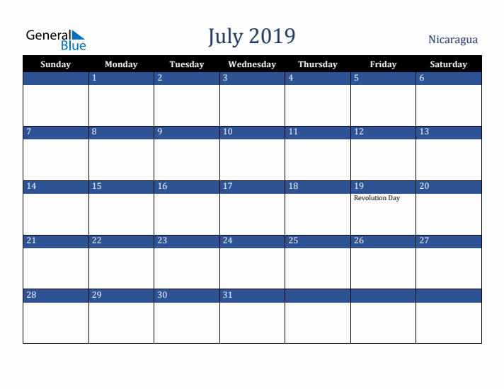 July 2019 Nicaragua Calendar (Sunday Start)