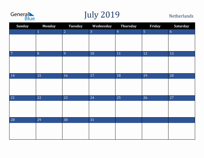 July 2019 The Netherlands Calendar (Sunday Start)