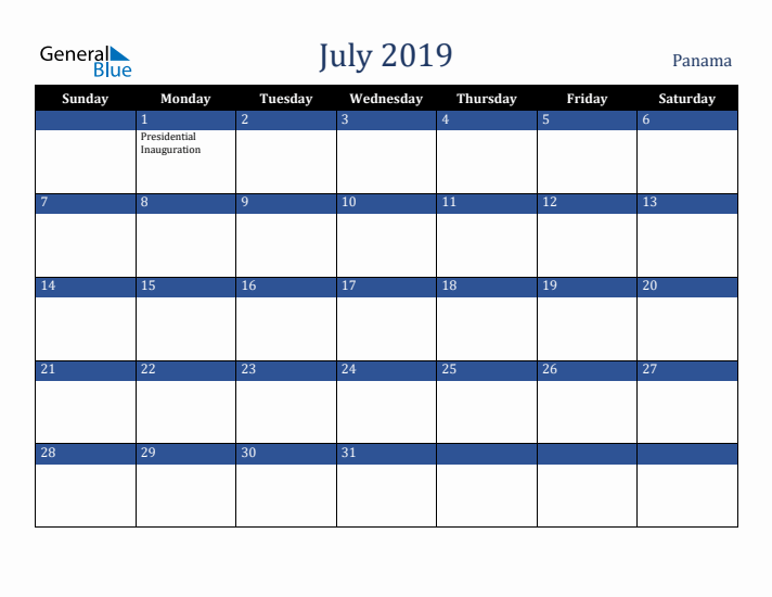 July 2019 Panama Calendar (Sunday Start)