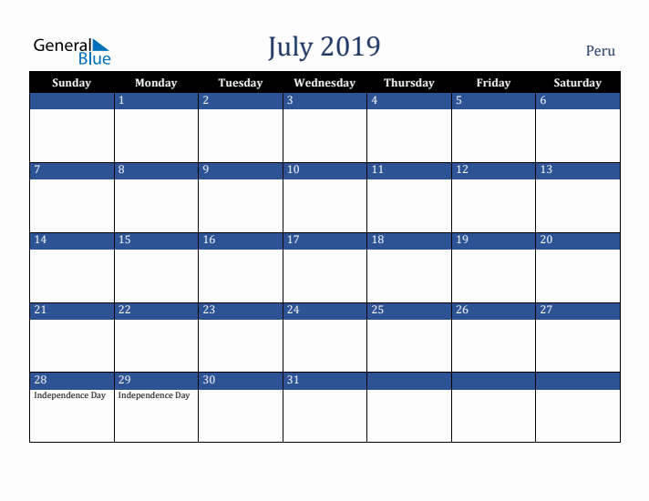July 2019 Peru Calendar (Sunday Start)