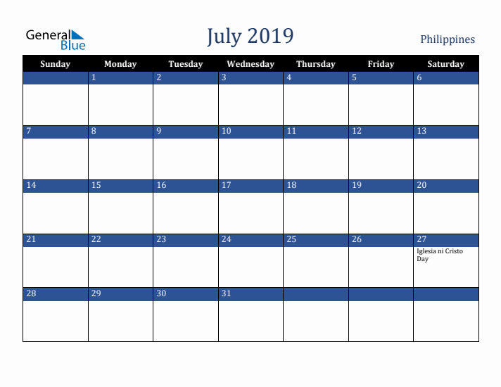 July 2019 Philippines Calendar (Sunday Start)