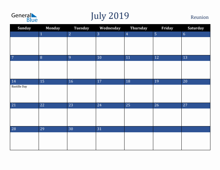 July 2019 Reunion Calendar (Sunday Start)