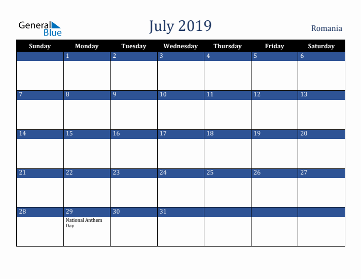 July 2019 Romania Calendar (Sunday Start)
