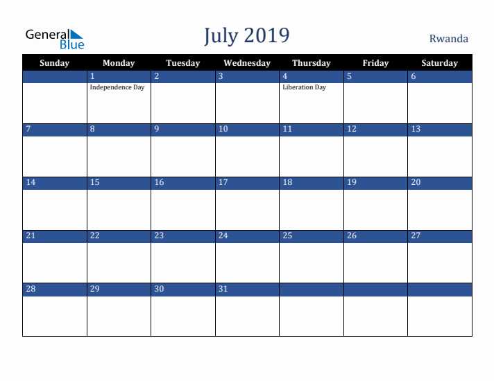 July 2019 Rwanda Calendar (Sunday Start)