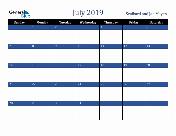 July 2019 Svalbard and Jan Mayen Calendar (Sunday Start)