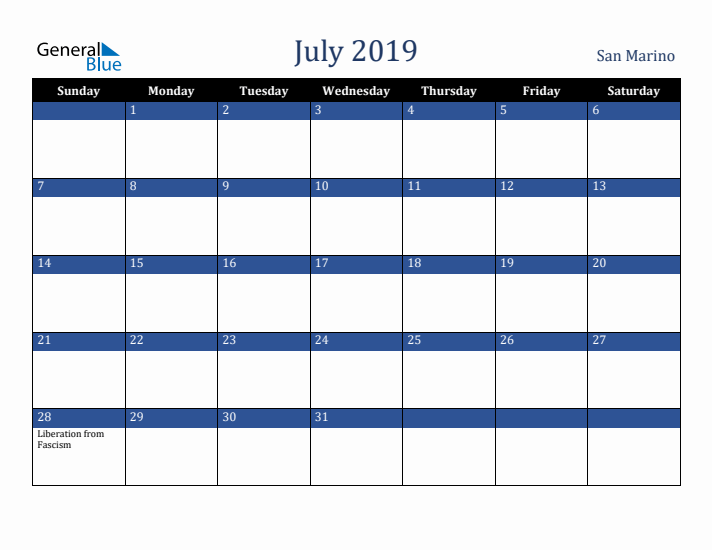 July 2019 San Marino Calendar (Sunday Start)