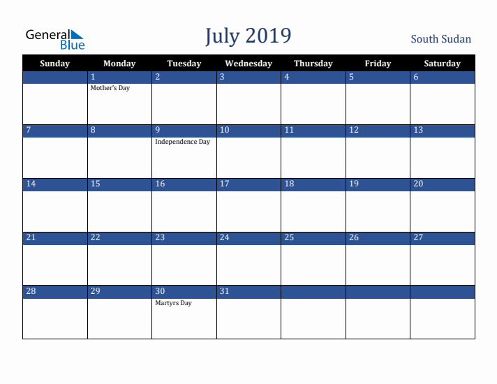 July 2019 South Sudan Calendar (Sunday Start)