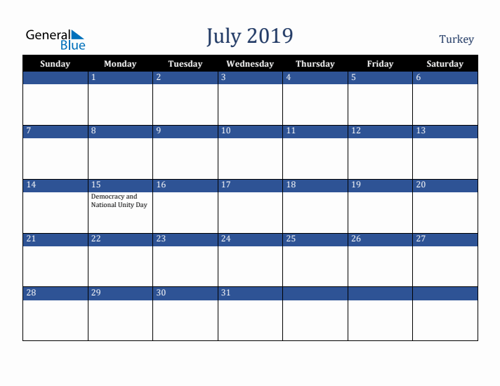 July 2019 Turkey Calendar (Sunday Start)