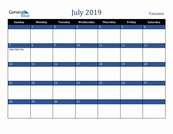 July 2019 Tanzania Calendar (Sunday Start)