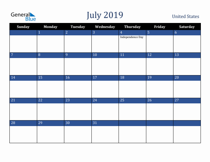 July 2019 United States Calendar (Sunday Start)