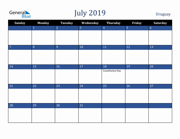 July 2019 Uruguay Calendar (Sunday Start)